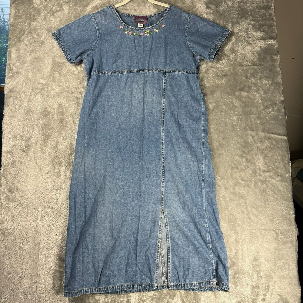 Vtg 80s Denim Dress Womens L Blue Jean Embroidered Maxi Long Cottage Modest